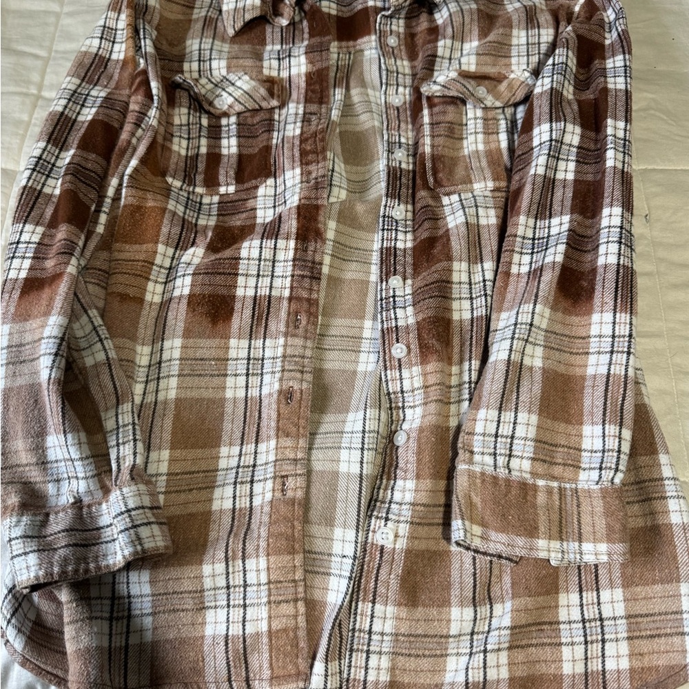 Freddy Mercury Brown Plaid Flannel bleached Shirt with Colorful Graphic Xl - Picture 4 of 5